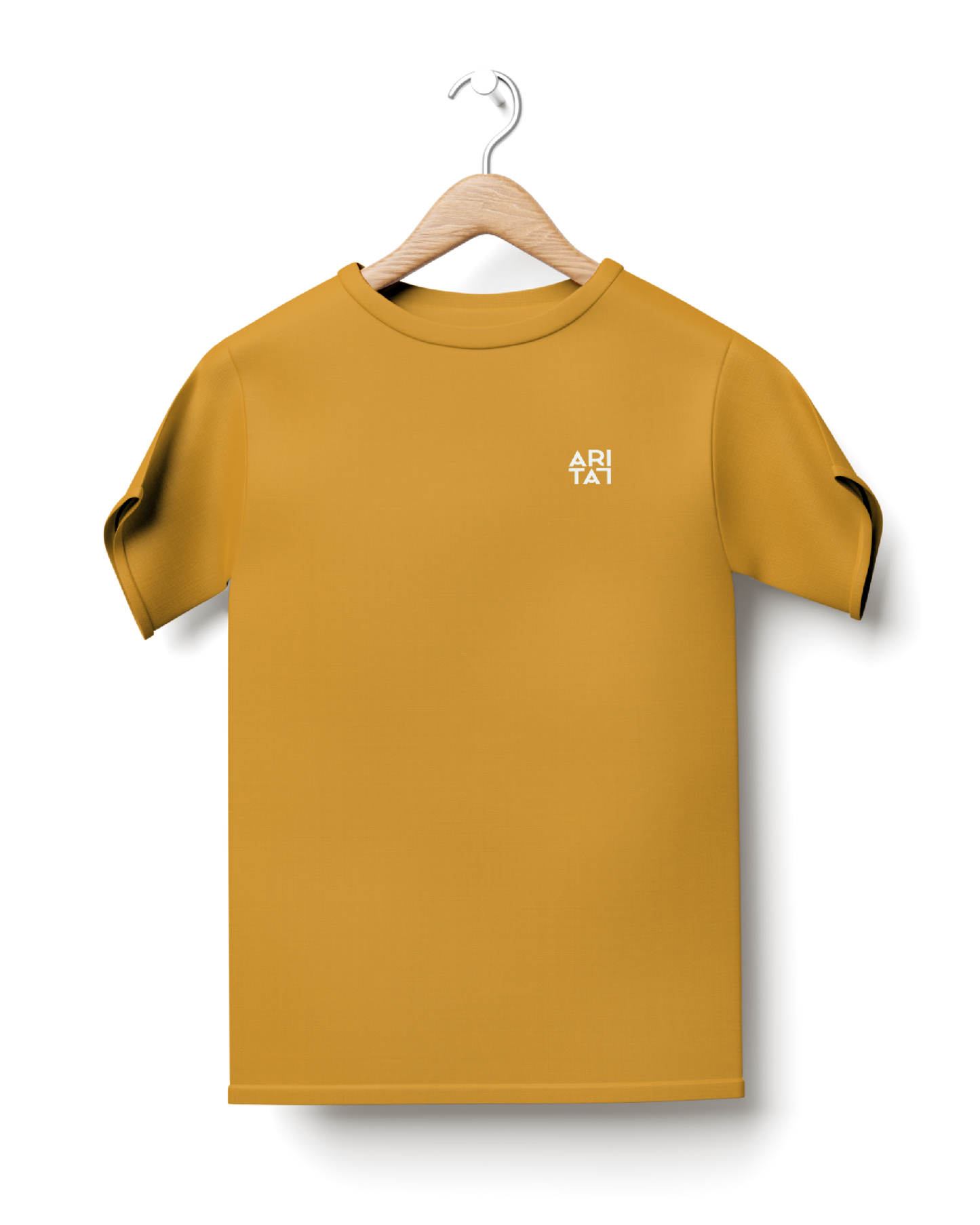 Slightly Oversize Mustard T-Shirt with Embroidered Pocket Logo Mock-Up